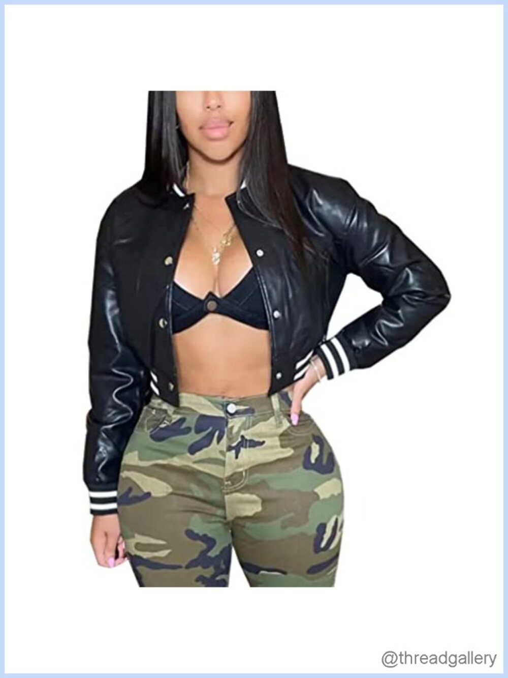 Cropped Bomber Jacket Faux Leather Snap Closure Streetwear